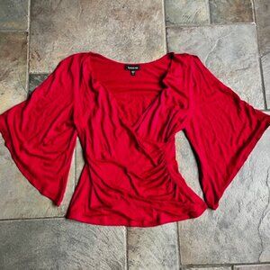 Bebe Red Bell Sleeve Wrap Blouse Top Size S Soft Buttery Cold Shoulder Boho Chic